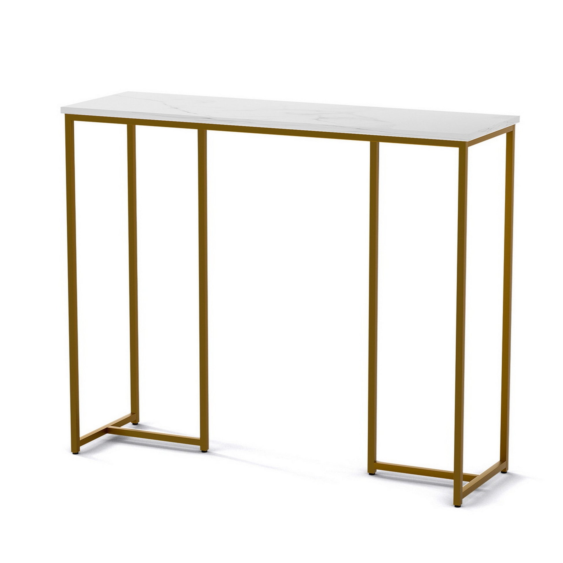 Console table with white marble-effect top and gold open metal frame, three-quarter angle view on white background