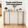 Marble-top console table with gold frame and highlighted support struts, text 
