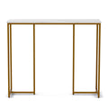 Console table with white marble-effect top and open gold metal rectangular frame, front view on white background