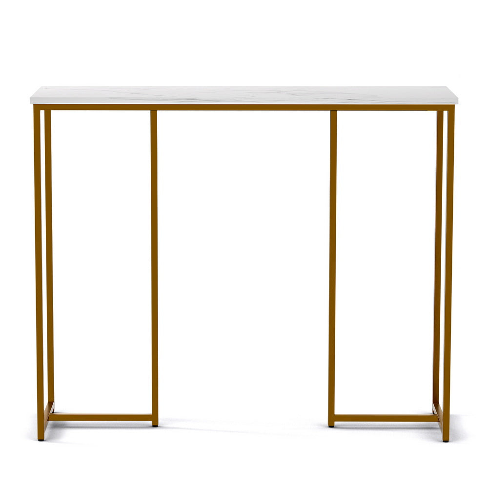 Console table with white marble-effect top and open gold metal rectangular frame, front view on white background