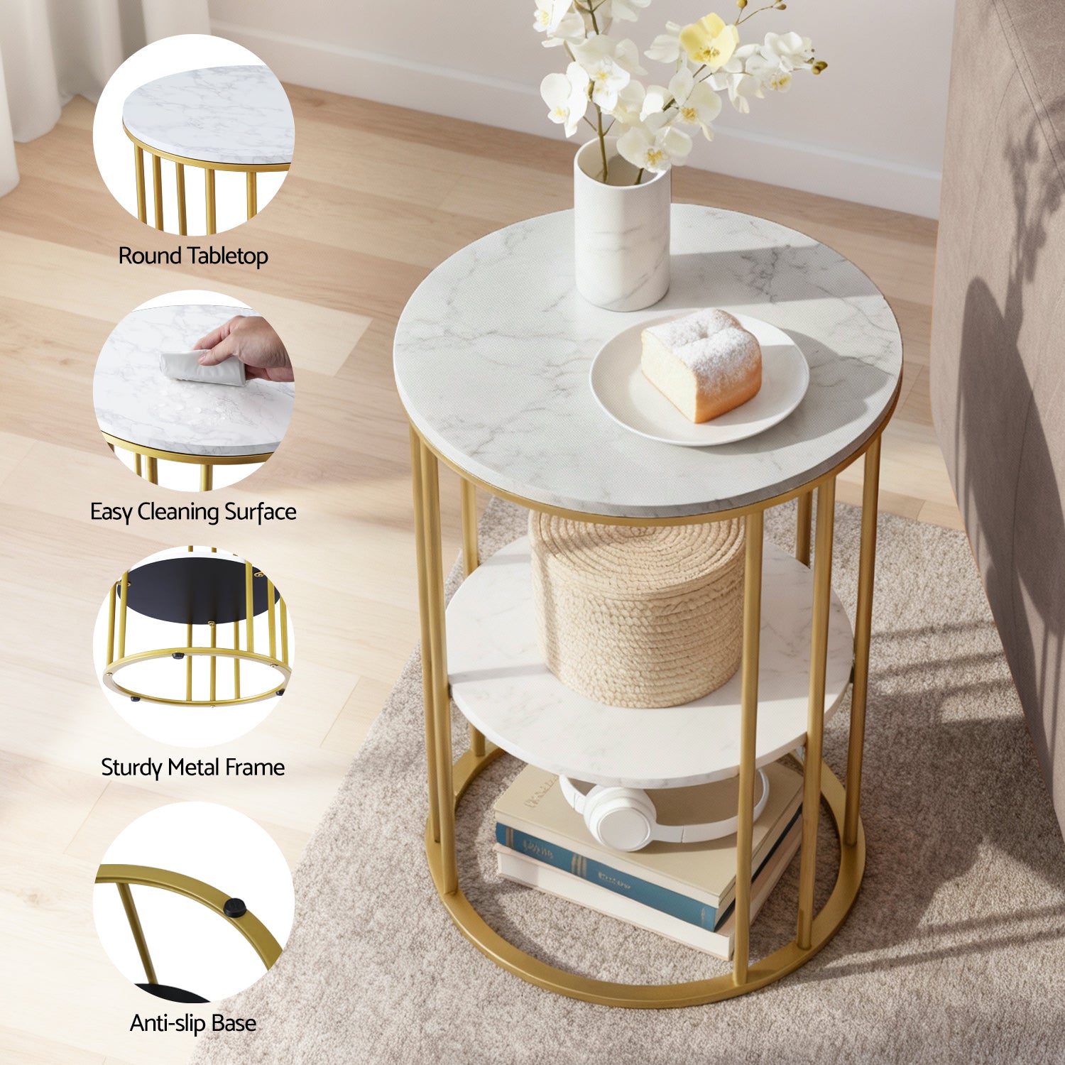 Round two-tier end table gold frame features panel: round tabletop, easy cleaning, sturdy metal frame, anti-slip base