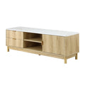 White marble-top TV unit angle view two ribbed drawers center open shelves right ribbed door gold handles and round wood legs