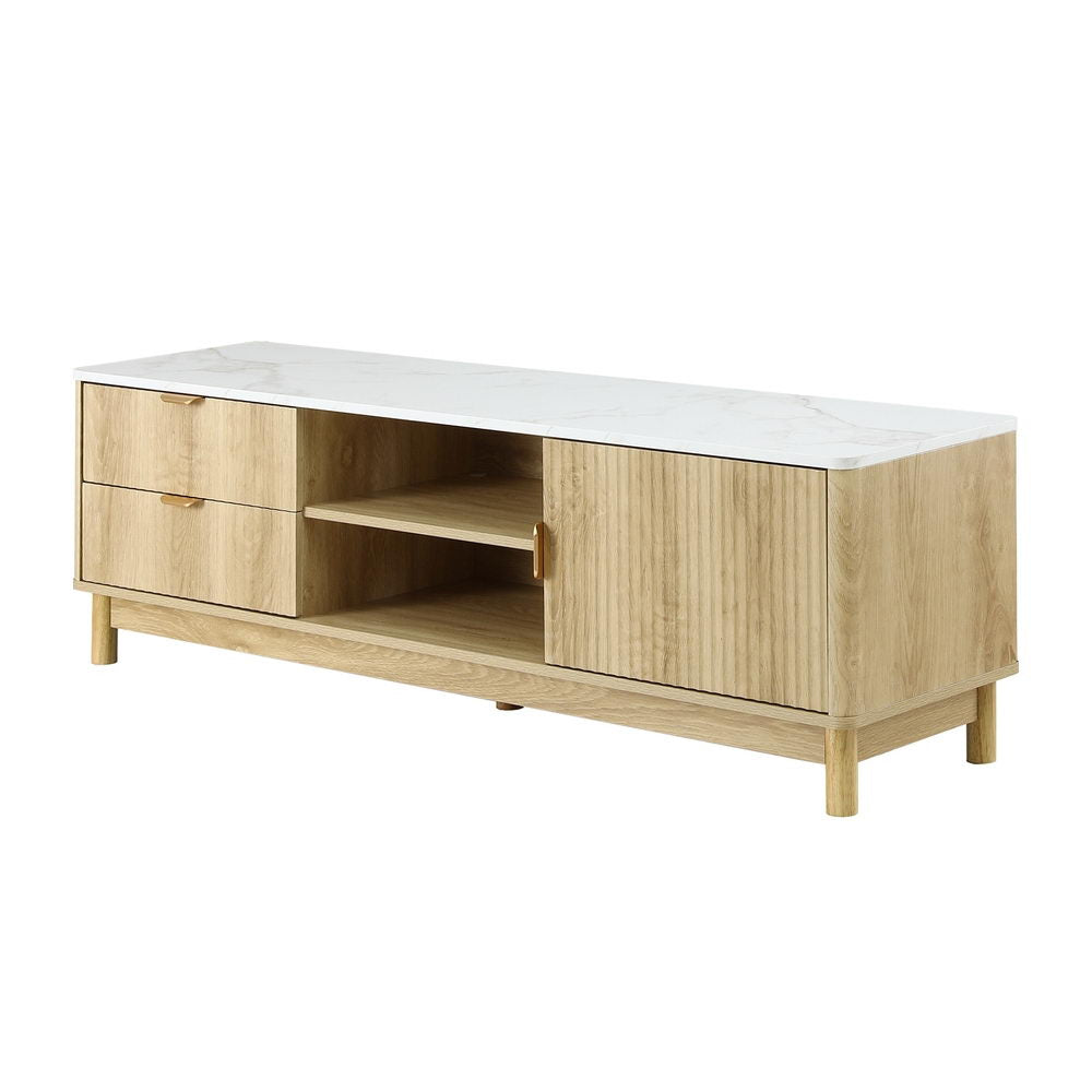 White marble-top TV unit angle view two ribbed drawers center open shelves right ribbed door gold handles and round wood legs