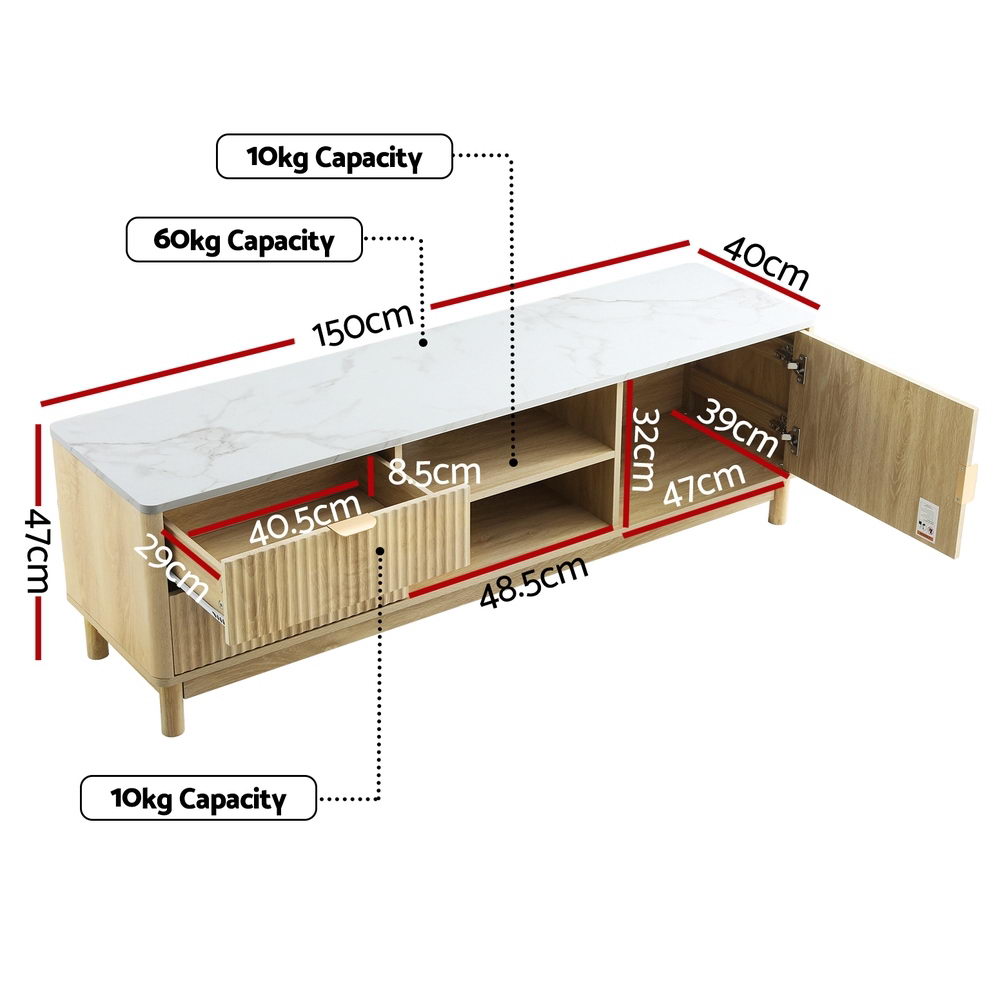 White marble-top TV unit dimension diagram 150x40x47cm drawers 40.5x29cm and shelves with 60kg top and 10kg capacities