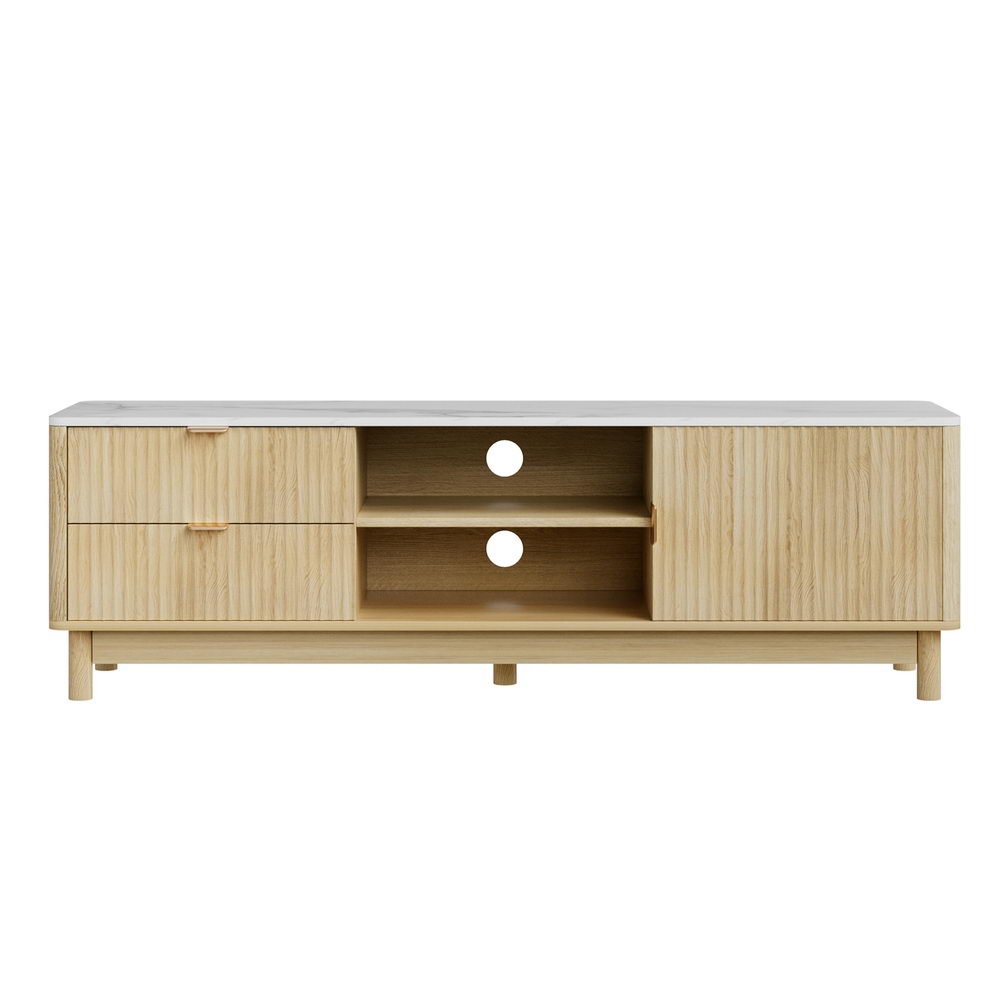 White marble-top TV unit front view two ribbed drawers center open shelves right door and round wood legs