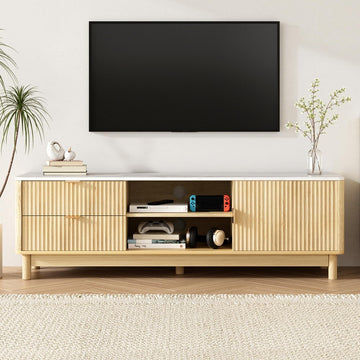 White marble-top TV unit with ribbed oak doors two open center shelves and round wood legs in white room
