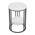 Round two-tier side table with white marble-look shelves and black vertical cage frame, elevated angle view, white background