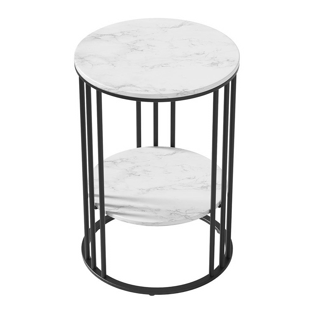 Round two-tier side table with white marble-look shelves and black vertical cage frame, elevated angle view, white background