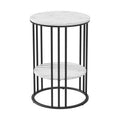 Round two-tier side table with white marble-look MDF shelves and black vertical cage metal frame on white background