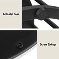 Detail panel showing anti-slip rubber base cap and screw fixings on black powder-coated metal frame of round side table
