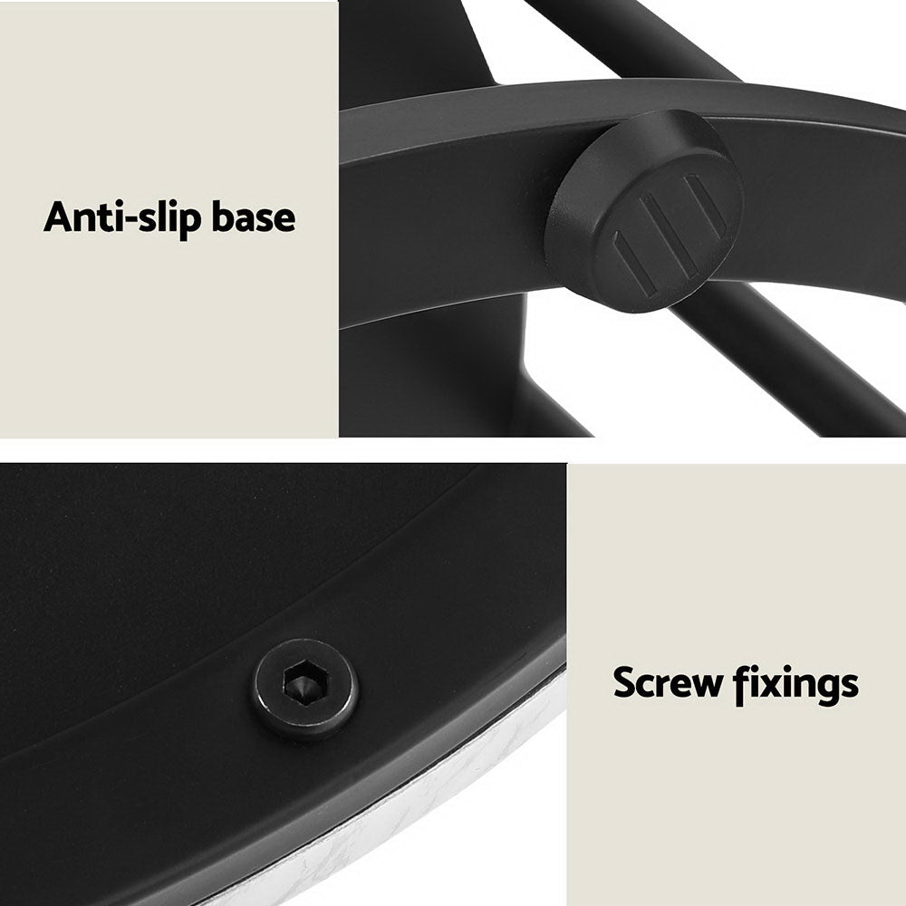 Detail panel showing anti-slip rubber base cap and screw fixings on black powder-coated metal frame of round side table