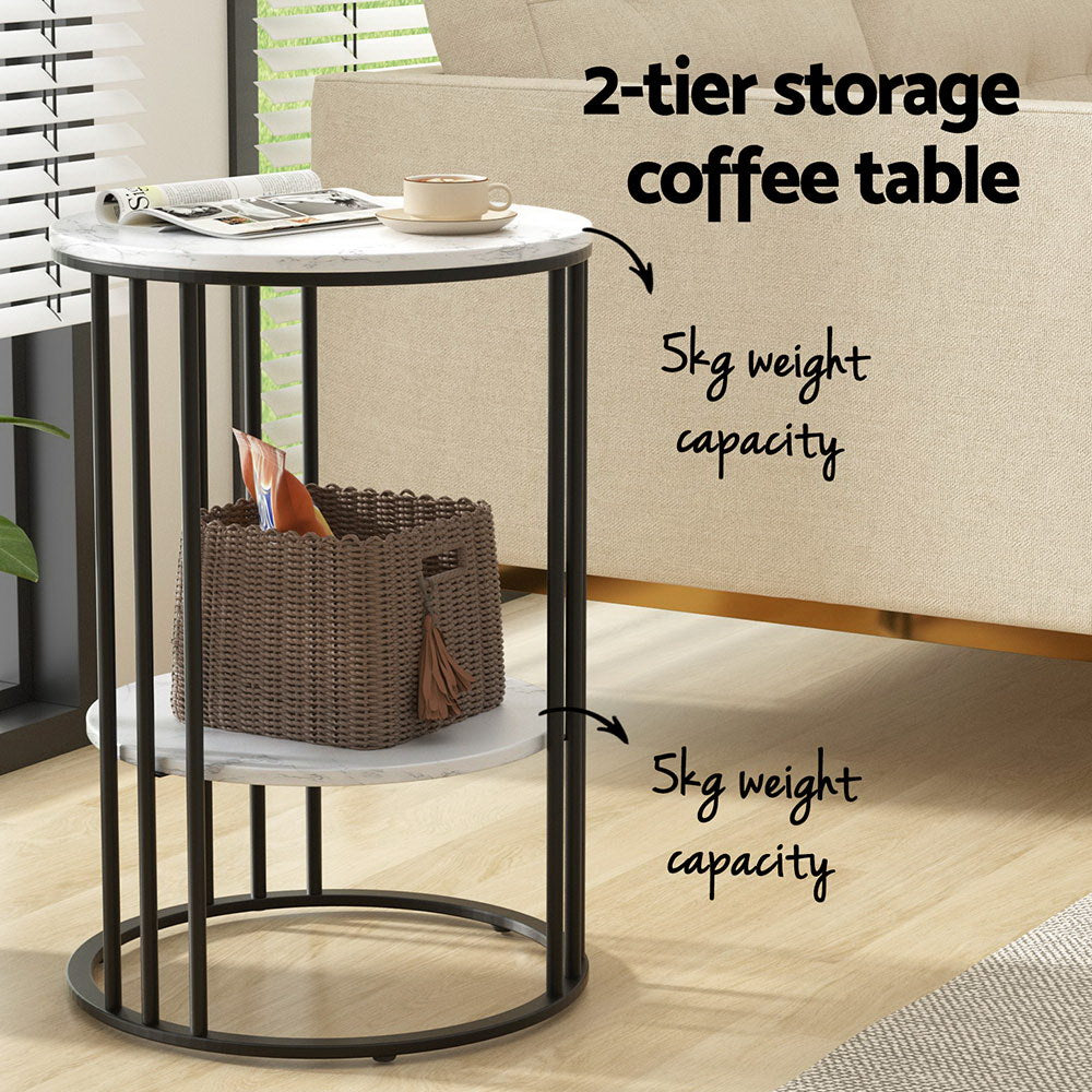 Round two-tier side table features infographic: 5kg weight capacity per shelf, basket on lower tier, cup on top, black frame