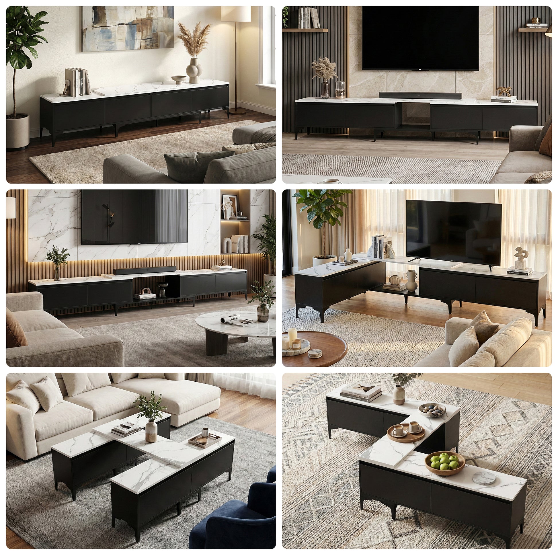 Black marble-top TV unit and lift-top coffee table shown in six room setting variants living room dining and open plan