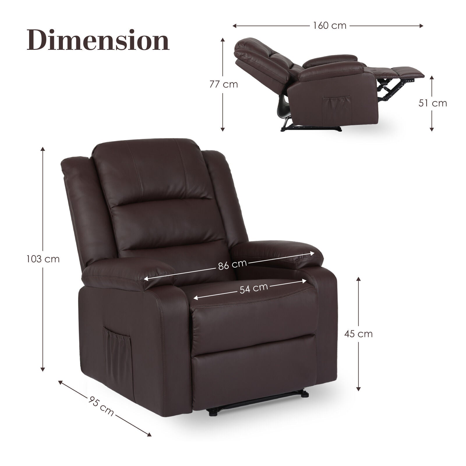 Dark brown PU leather recliner dimension diagram showing 95cm wide 103cm high and reclined 160cm length on white background