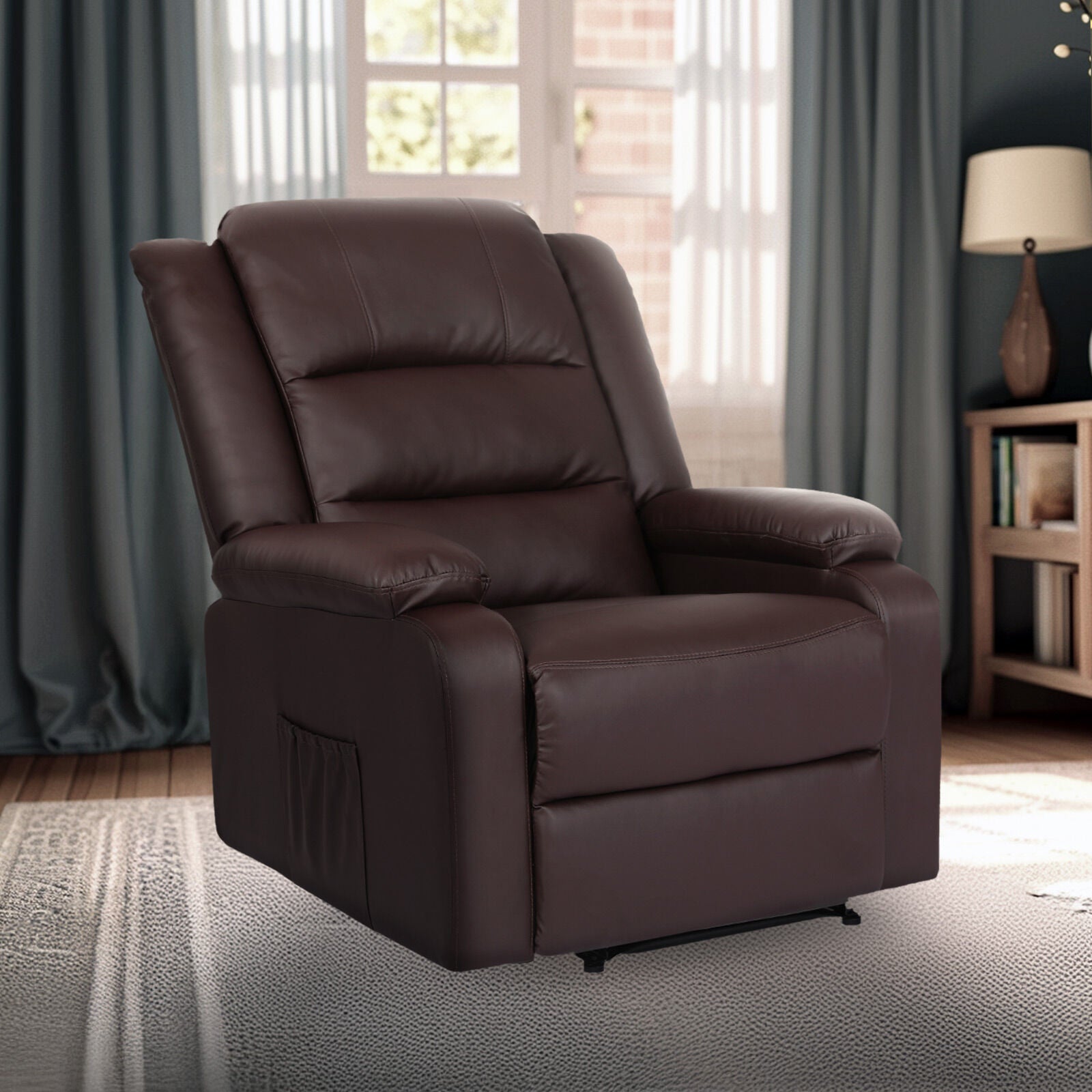 Dark brown PU leather recliner chair in lifestyle room with blue curtains, wooden shelving unit and lamp in background