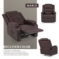 Marlo dark brown PU leather recliner chair shown in reclined, front and side views with footrest extended