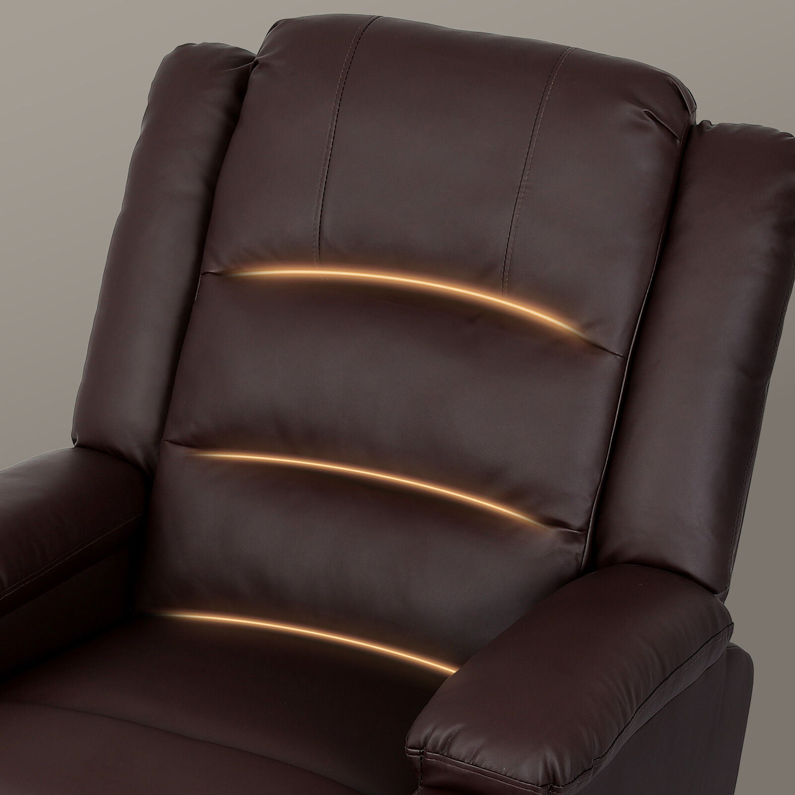 Close-up of dark brown PU leather recliner backrest showing segmented panels with highlighted heat zones