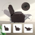 Dark brown PU leather recliner chair side view showing 110 and 140 degree reclining positions with detail of pull handle