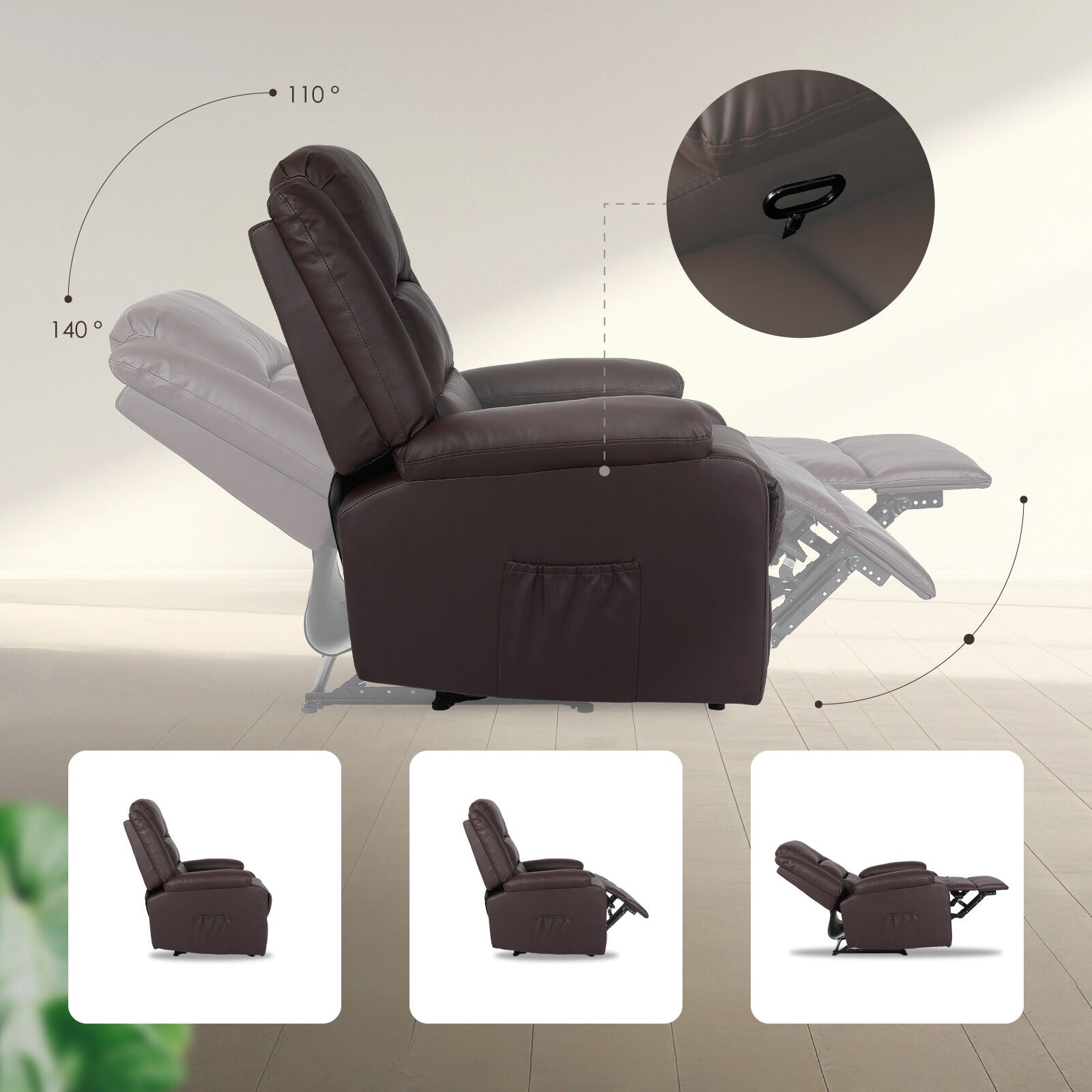 Dark brown PU leather recliner chair side view showing 110 and 140 degree reclining positions with detail of pull handle