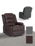 PU leather recliner chair shown in dark brown front view and grey rear view with two colour swatches on grey background