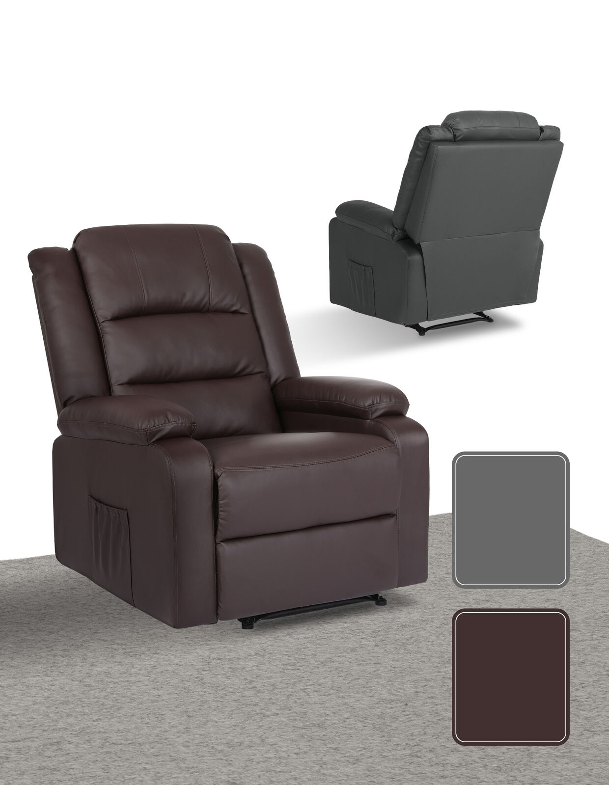 PU leather recliner chair shown in dark brown front view and grey rear view with two colour swatches on grey background