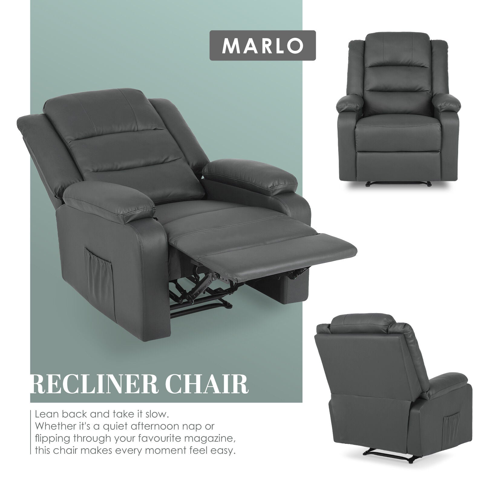 Marlo grey PU leather recliner chair in three views: reclined with footrest and side pocket, front and side upright