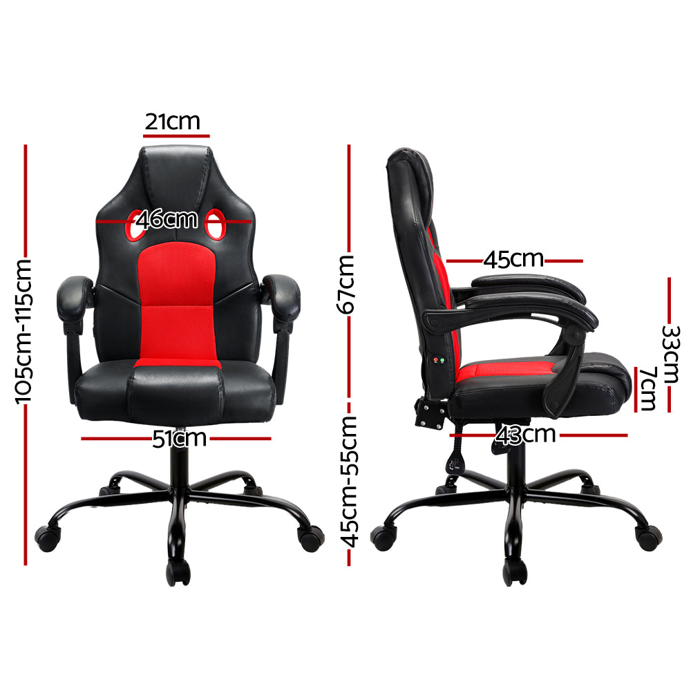 Black and red gaming chair dimensions: 51cm wide 105-115cm tall 46cm back width 45-55cm seat height 43cm depth 21cm headrest