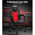 Black and red gaming chair features diagram: PU leather, breathable mesh, USB, padded armrests, height and recline adjustors