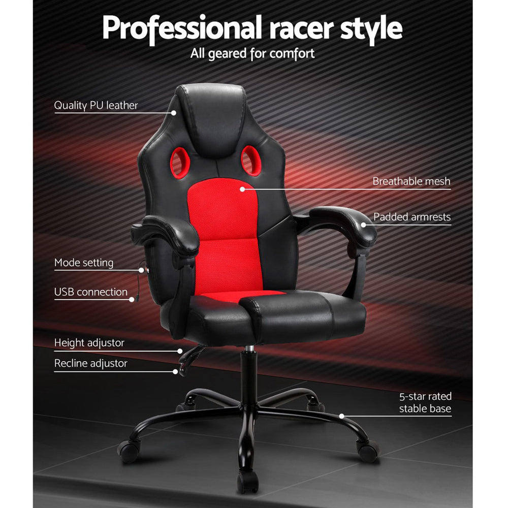 Black and red gaming chair features diagram: PU leather, breathable mesh, USB, padded armrests, height and recline adjustors