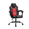 Black and red massage gaming chair front view on white background with two-zone massage pulse indicators on red mesh back