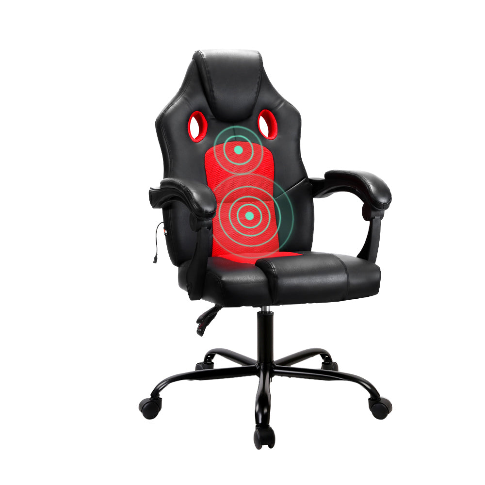 Black and red massage gaming chair front view on white background with two-zone massage pulse indicators on red mesh back