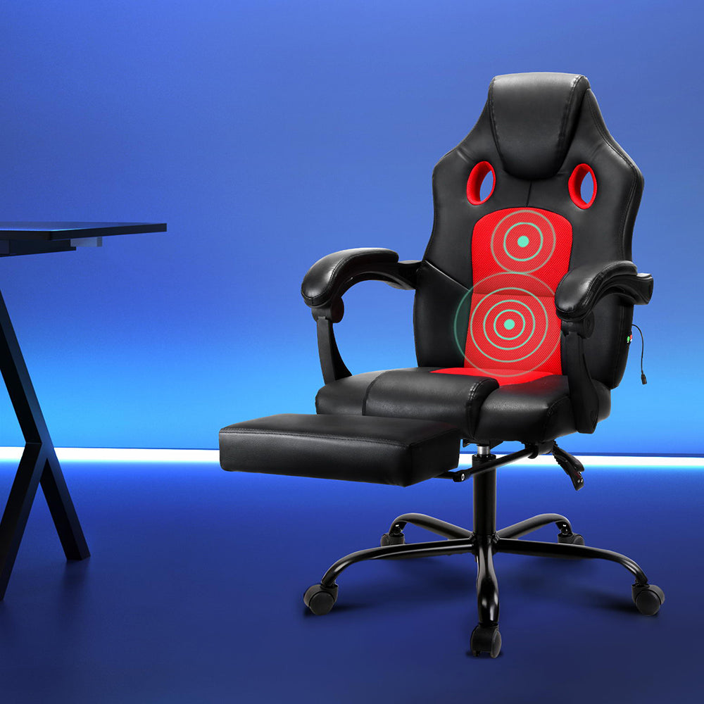Black and red massage gaming chair with footrest extended and massage zone highlights in blue LED gaming room setup