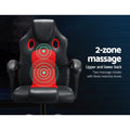 Black and red gaming chair 2-zone massage upper and lower back, two modes three intensity levels infographic