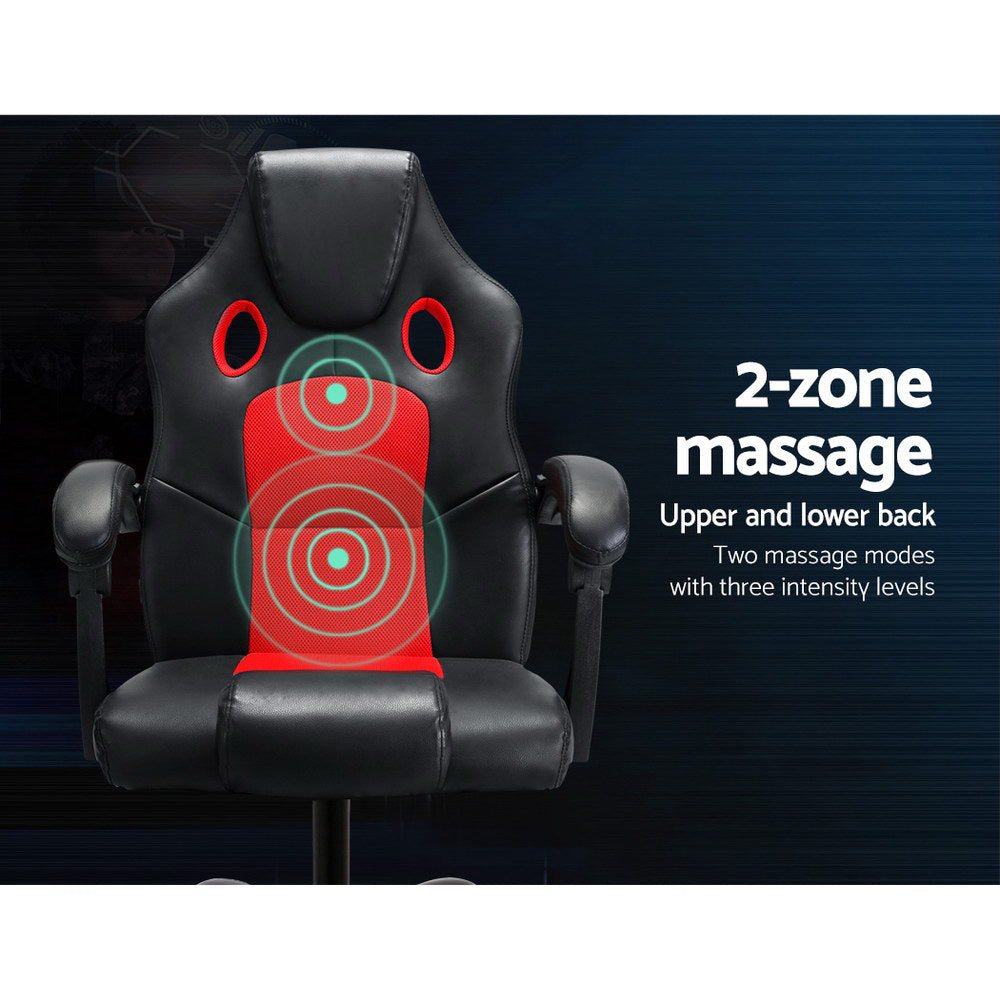 Black and red gaming chair 2-zone massage upper and lower back, two modes three intensity levels infographic