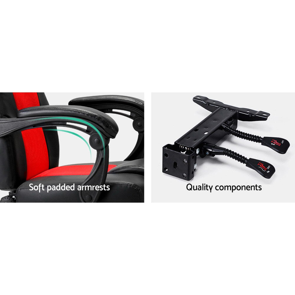 Black and red gaming chair two-panel: soft padded armrest close-up left and quality recline mechanism components right