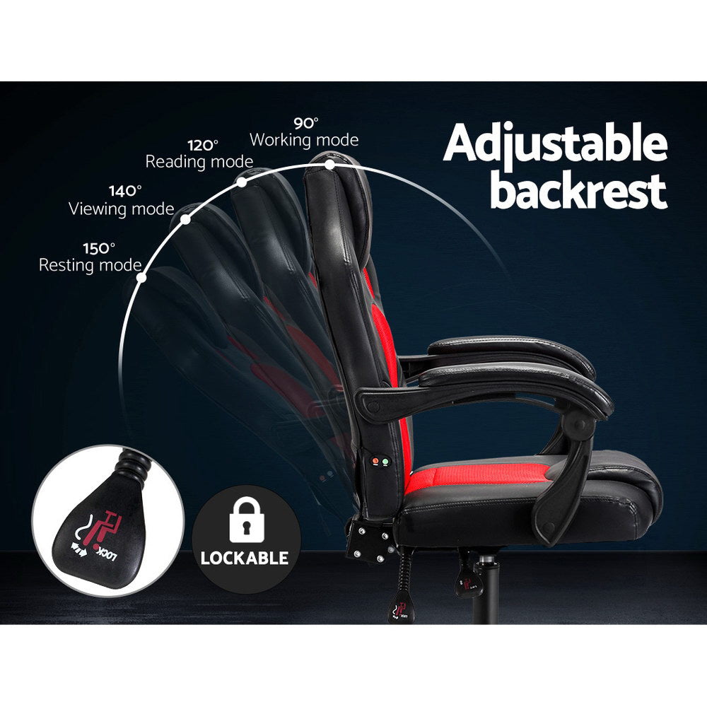 Black and red gaming chair adjustable backrest 90 to 150 degrees with lockable lever close-up infographic