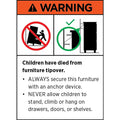Furniture safety warning: tipover hazard icon, anchor instruction, 