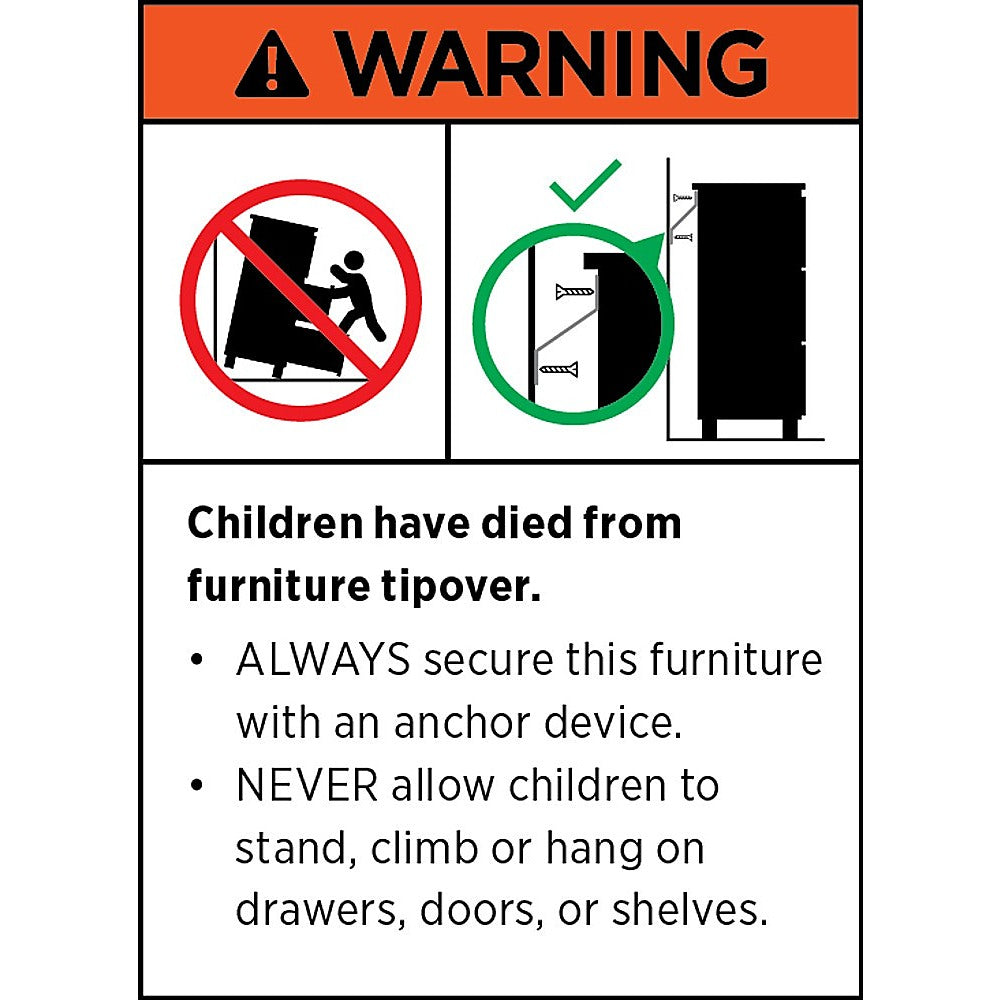 Furniture safety warning: tipover hazard icon, anchor instruction, "Children have died from furniture tipover" text