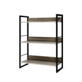 3-shelf open bookcase with black metal frame and grey oak shelves on white background, angle view