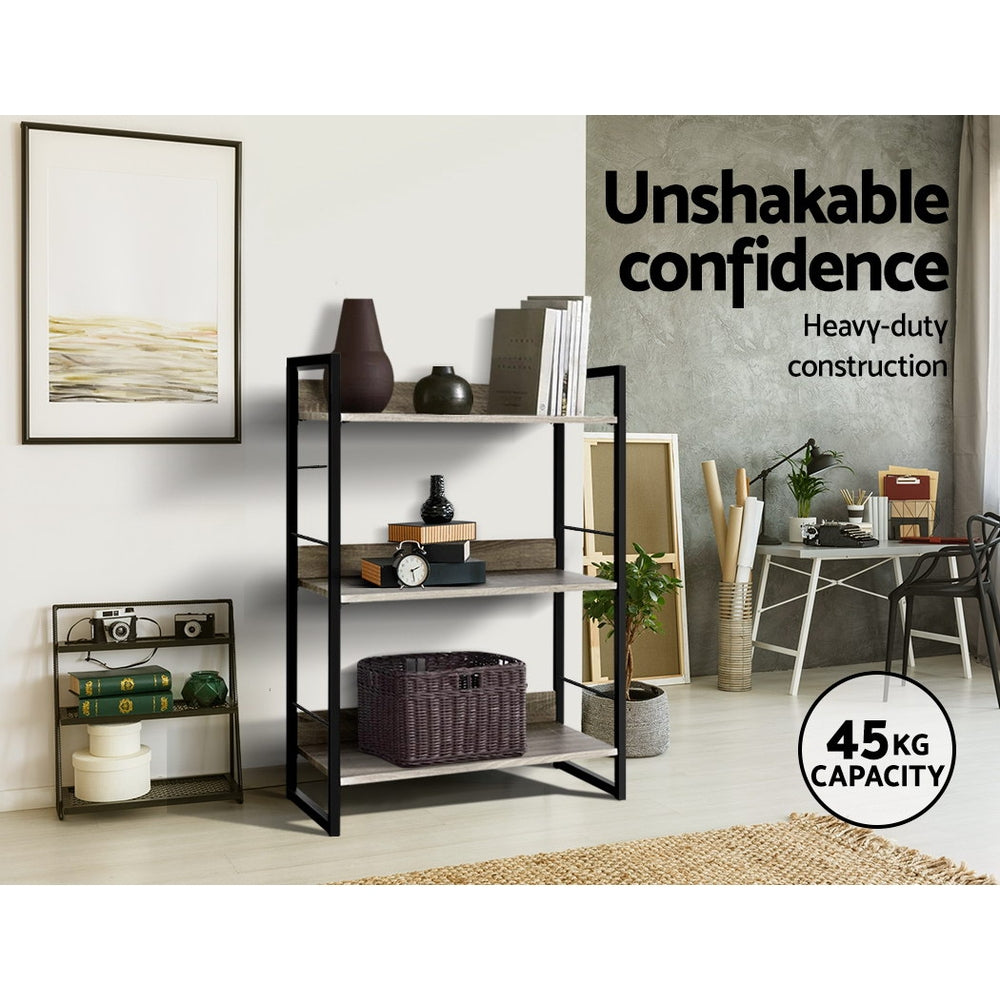 3-shelf metal frame bookcase in studio setting; text reads Unshakable confidence, heavy-duty construction, 45 kg capacity