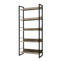 5-shelf open bookcase with black metal frame and grey oak wood shelves on white background, angle view