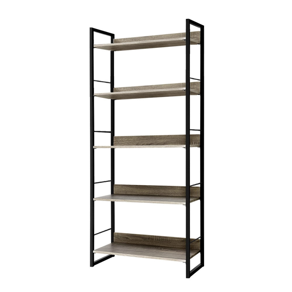 5-shelf open bookcase with black metal frame and grey oak wood shelves on white background, angle view