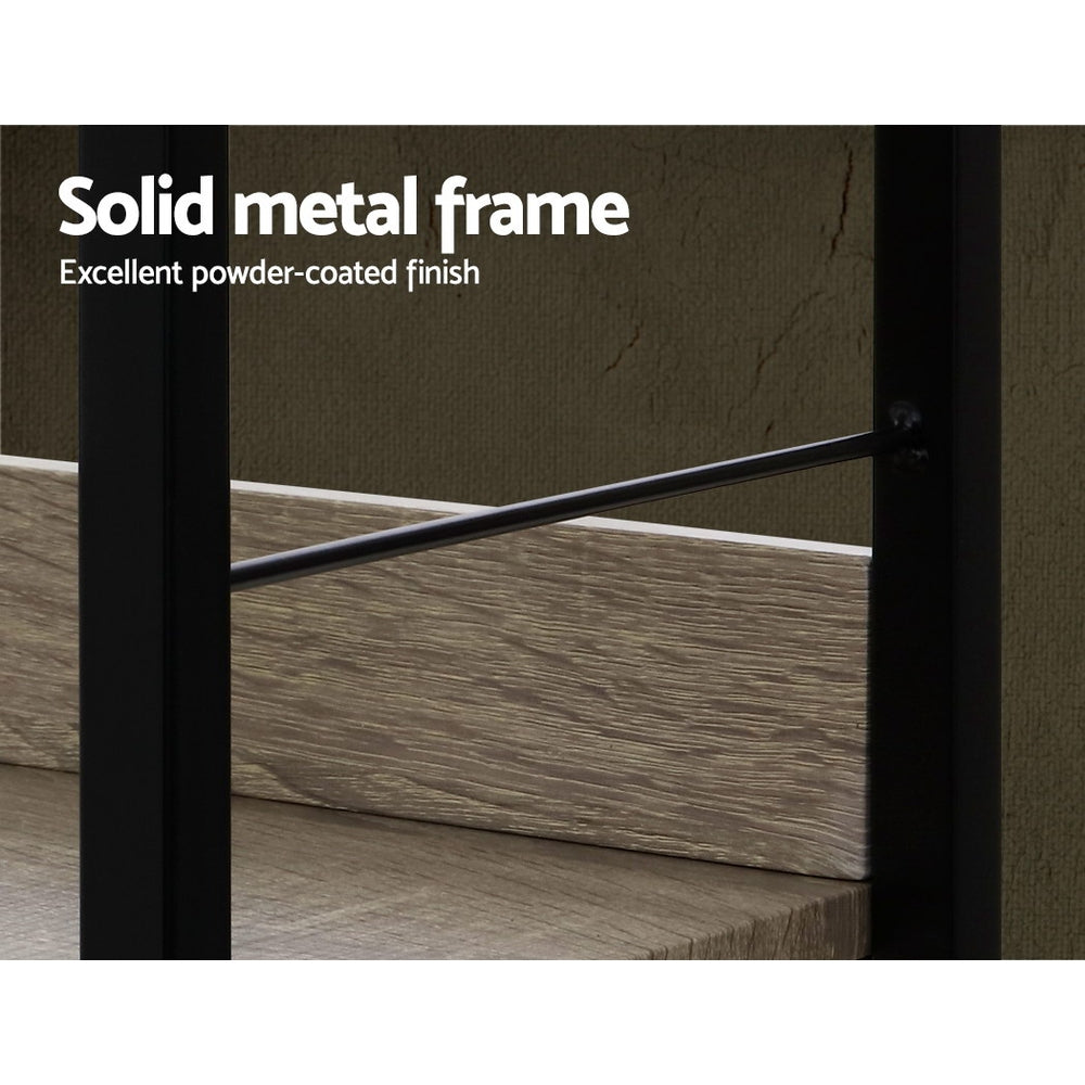 Close-up of black powder-coated metal frame and oak shelf; text reads Solid metal frame, excellent powder-coated finish