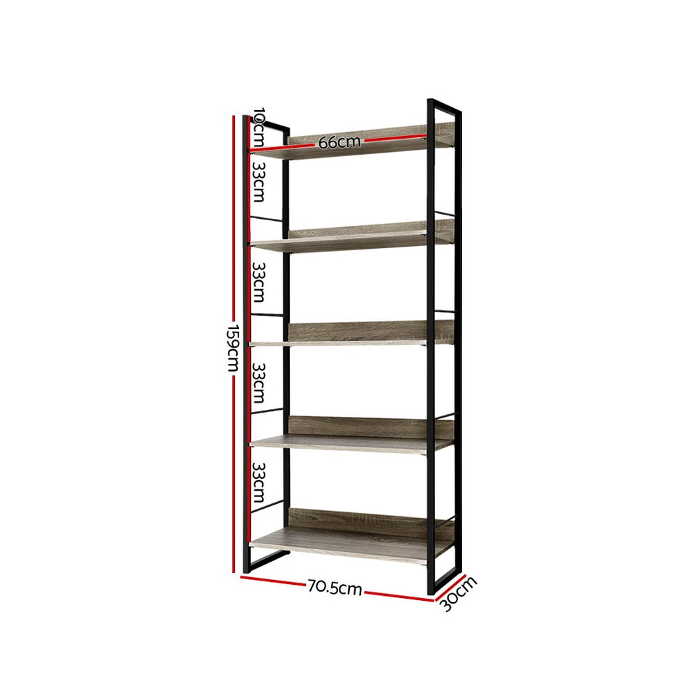 5-shelf metal frame bookcase dimensions: 159 cm tall, 70.5 cm wide, 30 cm deep, shelves 66 cm wide spaced 33 cm apart
