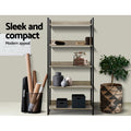5-shelf metal frame bookcase styled in office setting with books, vintage phone and vases; text reads Sleek and compact