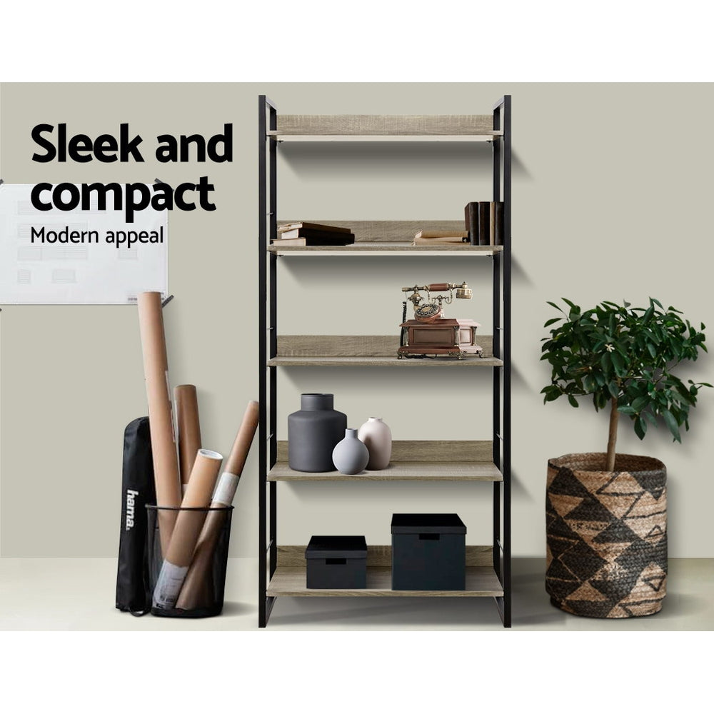 5-shelf metal frame bookcase styled in office setting with books, vintage phone and vases; text reads Sleek and compact