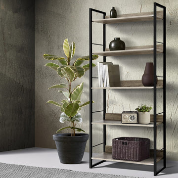5-shelf metal frame bookcase in black and oak, styled with vases, books, radio and wicker basket in textured wall room scene