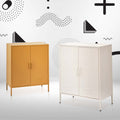 Mustard yellow and white metal two-door locker cabinets with vent slots side by side against geometric pattern background