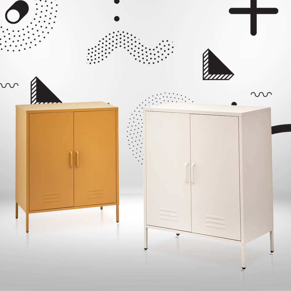 Mustard yellow and white metal two-door locker cabinets with vent slots side by side against geometric pattern background