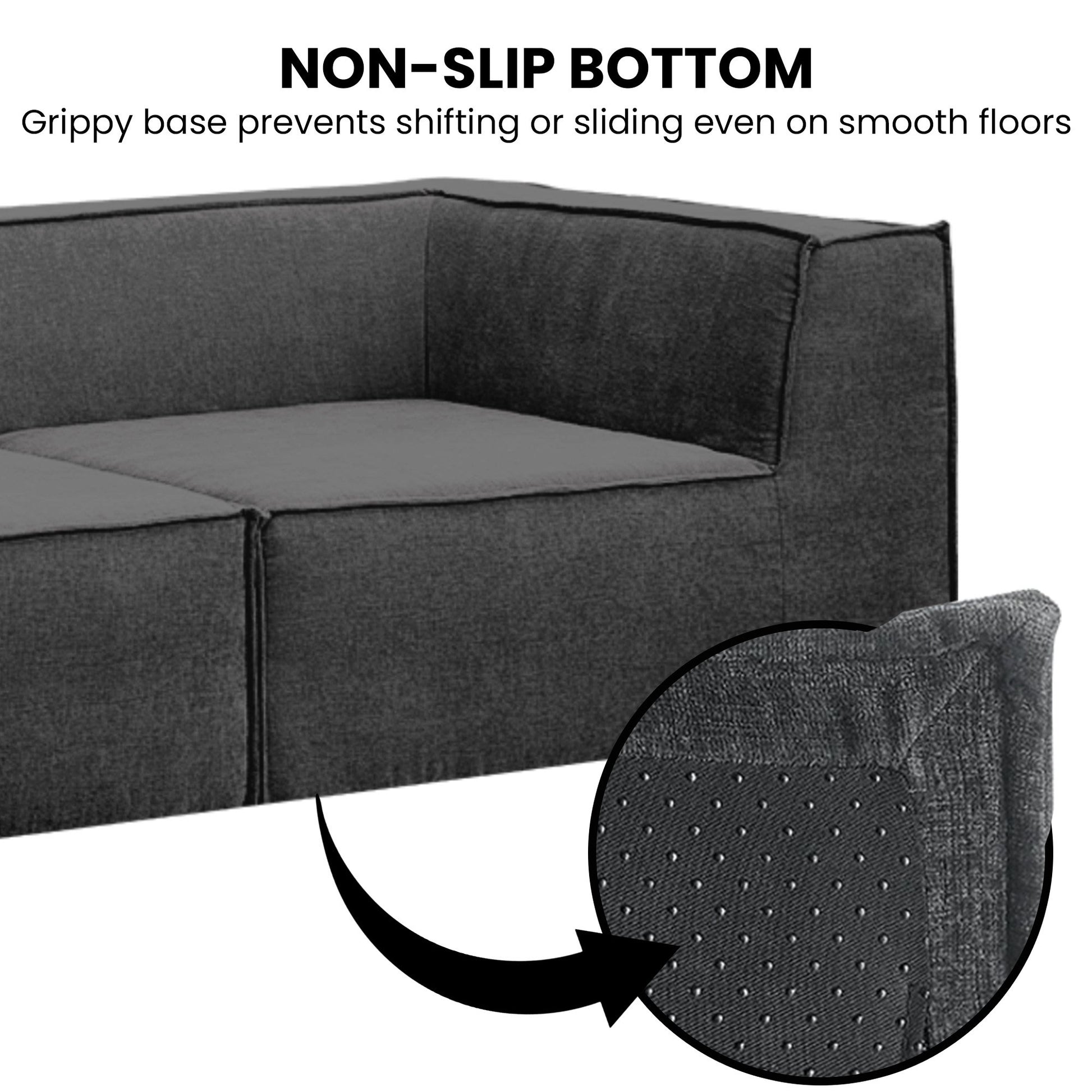 Dark charcoal modular sectional sofa corner with NON-SLIP BOTTOM text and magnified grip texture on base